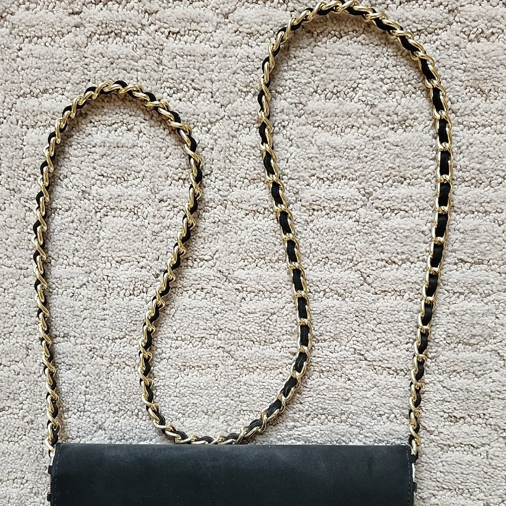 Elegant Black Suede Shoulder Bag W Gold Chain Strap